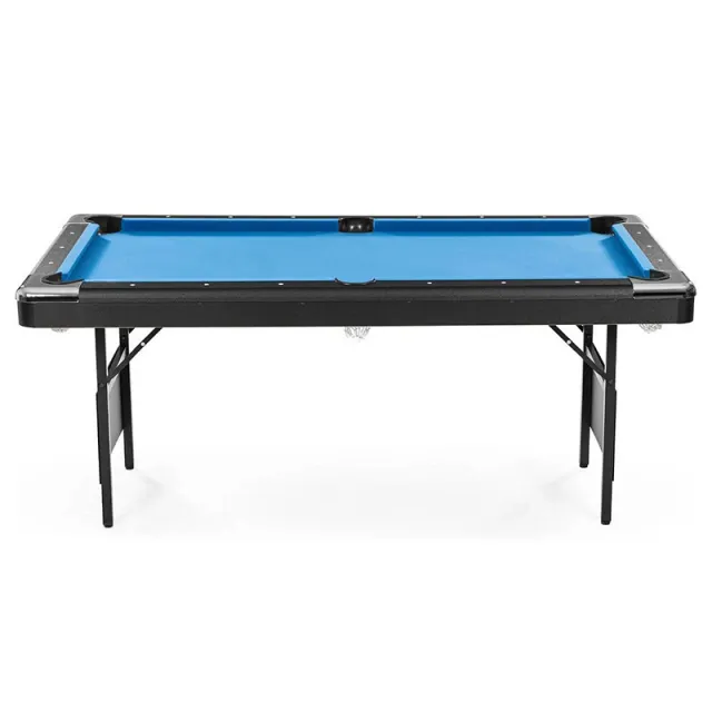 Foldable pool table with blue cloth, folding legs and full accessory set